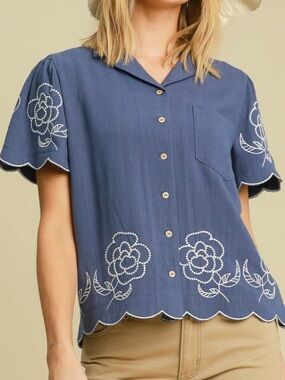 Umgee Button Down Blouse Top Flower Scalloped Embroidered Linen Blend